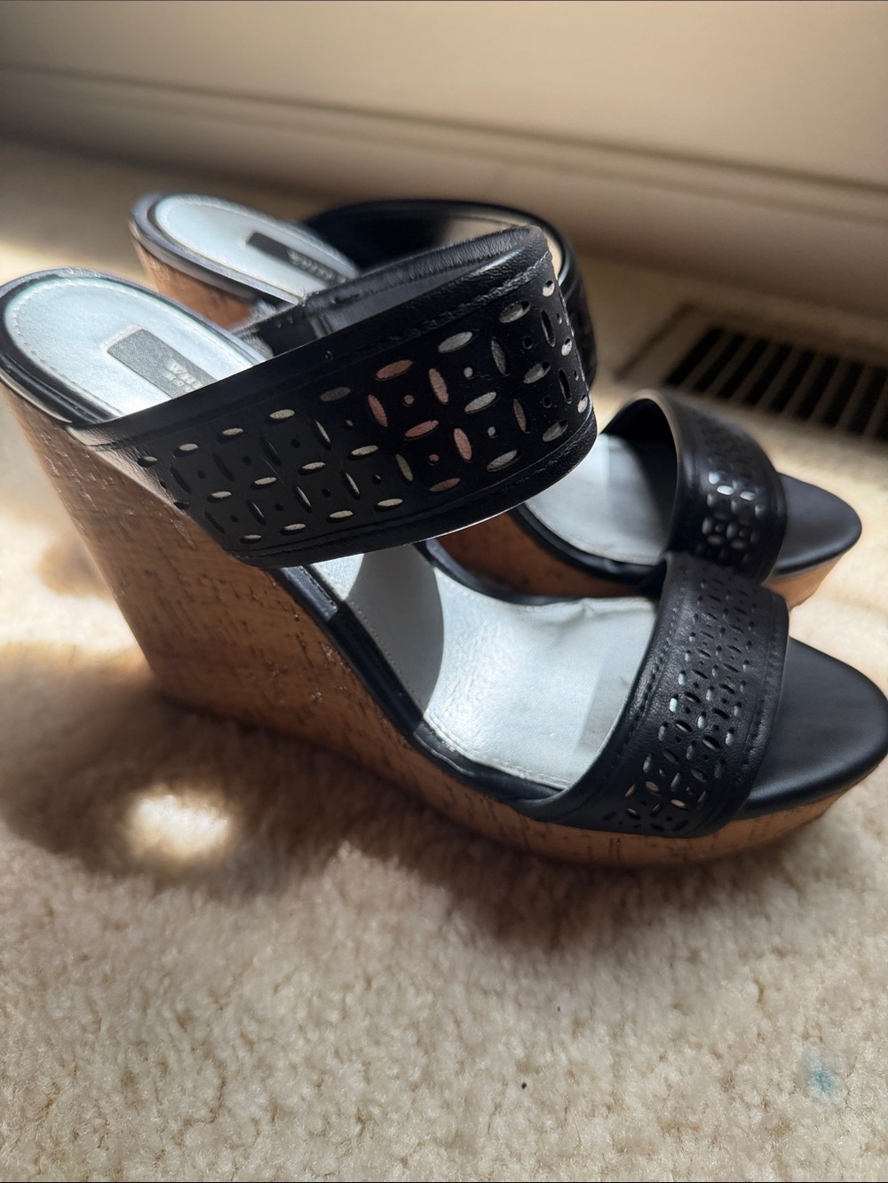 White House Black Market Black Laser-Cut Cork Wedges